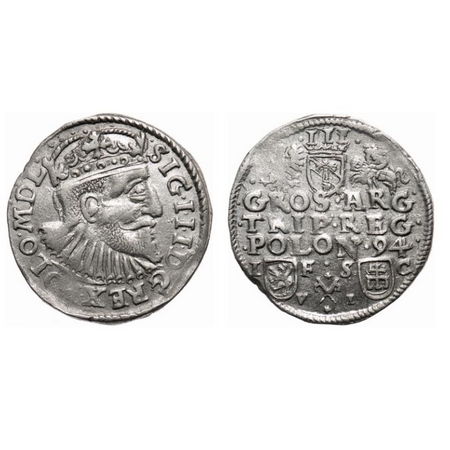 Poland, Silver, 2.74g, 3 Groshon, Sigismund III (1587-1632), Trojak 1594. Obv: SIGI 3 D G
