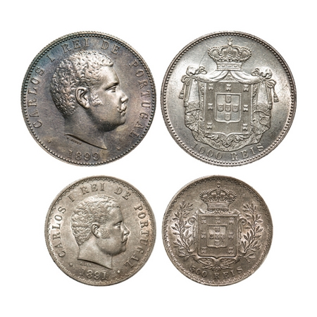 Portugal, Silver (0.917 silver) (2 Coins), Carlos I, 1000 Reis/1899 AD & 500 Reis/ 1891 AD