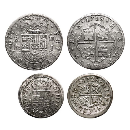 Spain, Silver (0.9030 silver) (2 Coins), 4.39, 2.27g, Ruler - Philip V, 2 Reales 1718 J &