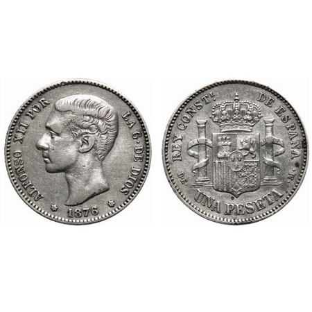 Spain, Silver (0.9030 silver), 4.91g, Ruler- Alfonso II (1874-1885 AD), Peseta 1876 DE-M,