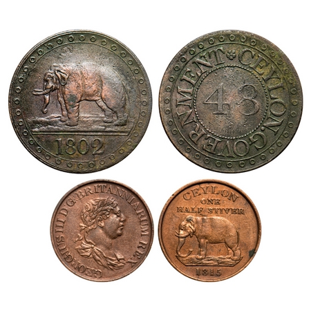 Sri Lanka-Ceylon, Copper (2 Coins), 1/48 Rixdollar 4.56g, 1802 & Half Stiver 4.56g, 1815,