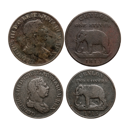 Sri Lanka-Ceylon, Copper 2 Stiver and Stiver (2 Coins), 17.06 & 8.42g, 1815, Obv: Portrait