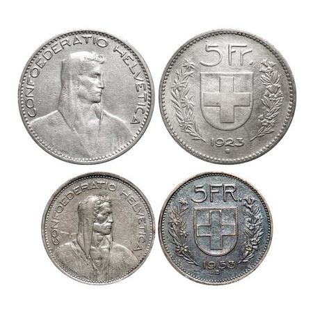 Switzerland, Silver (0.900 / 0.835 silver) 5 Francs, (2 Coins), 25.00 / 15.00g, 1923, 1953