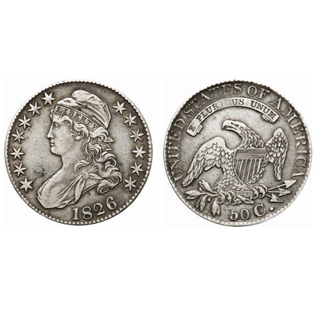 U.S.A., Silver (0.8924 silver) 50 Cents , 13.37g, 1826, Obv: Portrait of Liberty to left, 