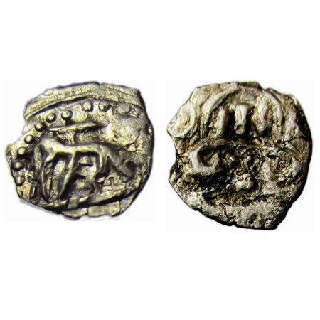 Rashtrakutas, Silver, 0.22g, Obv: Elephant with a rider at top to right, Rev: A deity seat