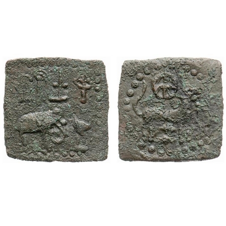 Sangam Age, Chola Kingdom, Uninscribed Copper Unit, 1.68g, Obv: Auspicious symbols such as