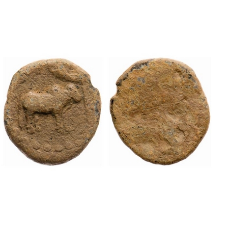 Pallavas, Lead Unit, 5.04g, Obv: Bull facing right, in front of a motif resembling a flag 