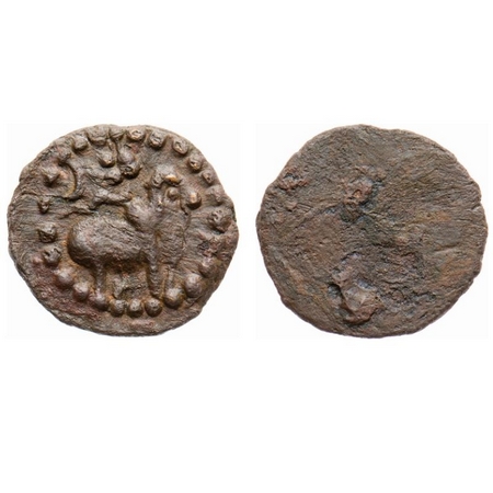 Pallavas, Alloyed Copper Coin, 1.80g, Obv: Bull to the right in dotted circle with crescen