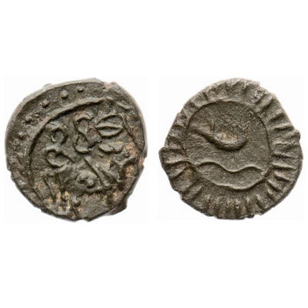 Pallavas, Bull, legend and Ship Type, High tin-bronze Unit, 2.10g, Obv: Bull standing faci