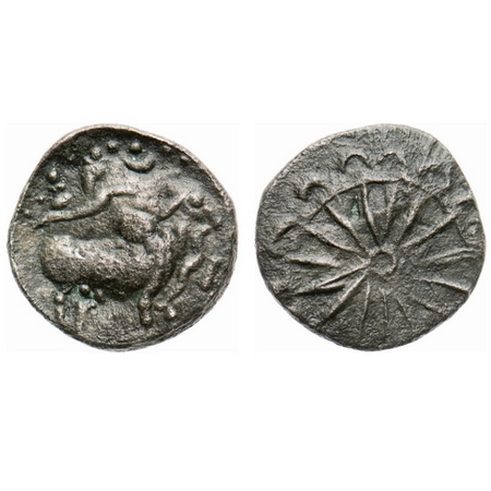 Pallavas, Bull, Srivatsa, Crescent, Conch and Snake Type, Alloyed Potin. Unit, 1.62g, Obv: