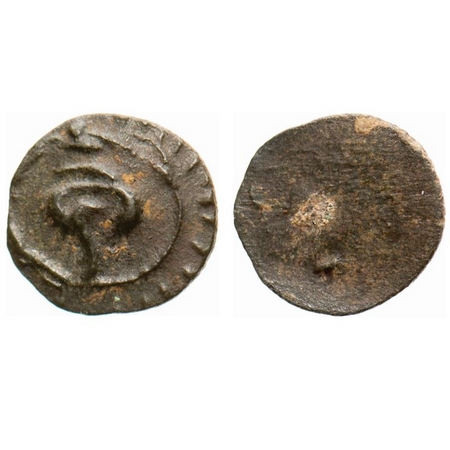 Pallavas, Bull and Conch Type Error Coin, High tin-bronze Unit,0.34g, Obv: Blank (missing 