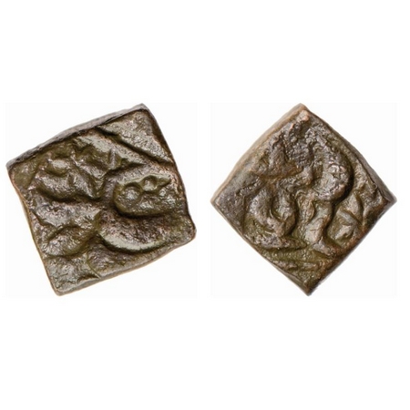 Akbar, Copper Square Falus, 6.78g, Sikar Mint, Ry 42. KM Unlisted. Very Fine, Scarce.