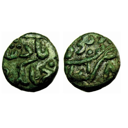 Jahangir, Copper Trambiyo, 3.11g, Delwara Mint, complete name of Jahangir on obv, complete