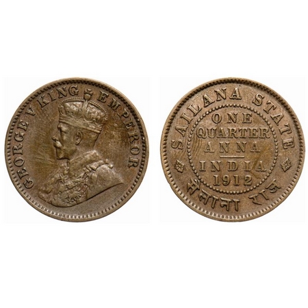 Sailana, Copper 1/4 Anna, Jaswant Singh (1890-1919 AD), 1912 AD, bust of George V on obver