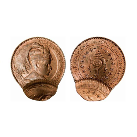 Travancore, Bronze Chuckram, 7.80g, Bala Rama Varma II, Error, Double struck, Conch & Port
