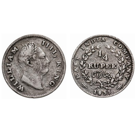 William IV, Silver, 1/4 Rupee, 1835, Calcutta Mint, 'R.S' incused, B/I, 20 Berries, Wrong 