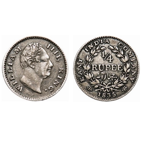 William IV, Silver, 1/4 Rupee, 1835, Calcutta Mint, A/II, Dug out 'f', Wreath with 19 Berr