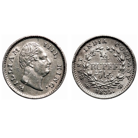William IV, Silver, 1/4 Rupee, 1835, Calcutta Mint, A/III, Large dug out 'f', Die crack on