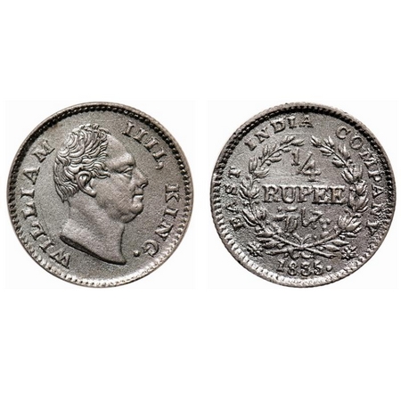 William IV, Silver, 1/4 Rupee, 1835, Calcutta Mint, A/III, 'F' raised. F. Prid # 91. GK 63
