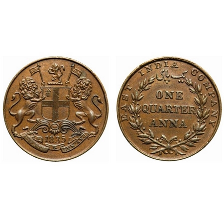 William IV, Copper, Quarter Anna, 1835, Madras Mint, A/II. F. Prid # 142. GK 73. Almost Un
