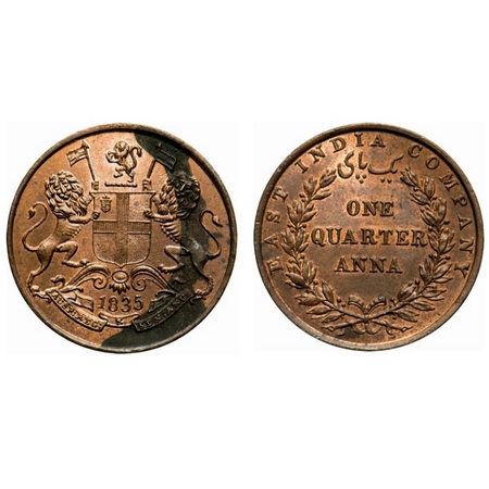 William IV, Copper, Quarter Anna, 1835, Madras Mint, A/III, Wreath with 25 berries (13L + 