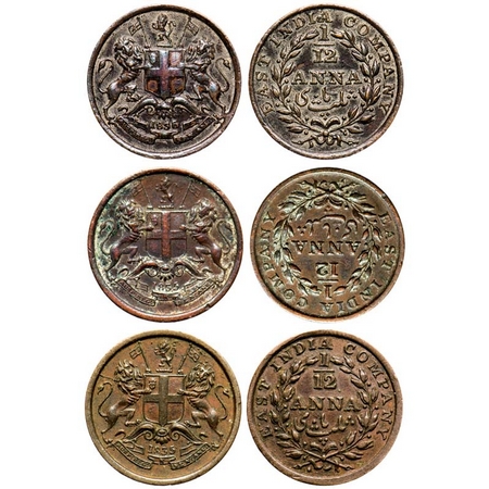 William IV, Copper, 1/12 Anna (3 coins), 1835, Madras Mint, 1) Error corrected company,Rev
