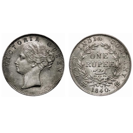 Victoria Queen, Silver, Rupee, 1840, CL, Calcutta Mint, A/I, English head, Short neck, 19 