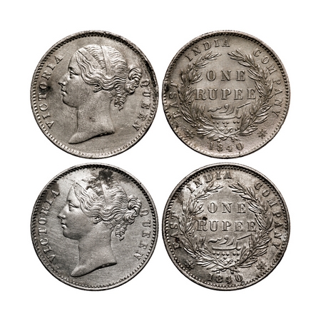 Victoria Queen, Silver, Rupee (2 coins), 1840, DL, Calcutta Mint, W.W. raised, 28 Berries 