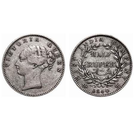 Victoria Queen, Silver, Half Rupee, 1840, CL, Calcutta Mint, A/I, English head , 19 Berrie