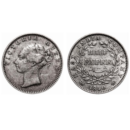 Victoria Queen, Silver, Half Rupee, 1840, CL, Madras Mint, A/I, Thick and large year numer