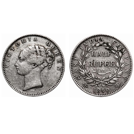Victoria Queen, Silver, Half Rupee, 1840, CL, Bombay Mint, A/I, English Head, 19 Berries (
