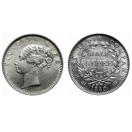 Victoria Queen, Silver, Half Rupee, 1840, CL, Bombay Mint, A/I, English head, 19 Berries (