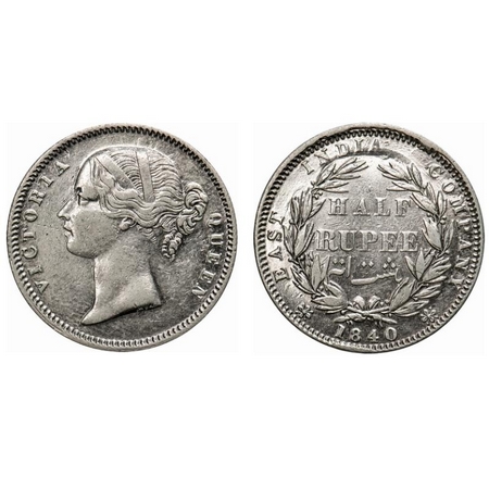 Victoria Queen, Silver, Half Rupee, 1840, DL, Calcutta Mint, .W.W incused, 24 Berries (12L
