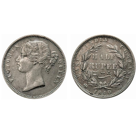 Victoria Queen, Silver, Half Rupee, 1840, DL, Calcutta Mint, .W.W incused, 24 Berries (12L