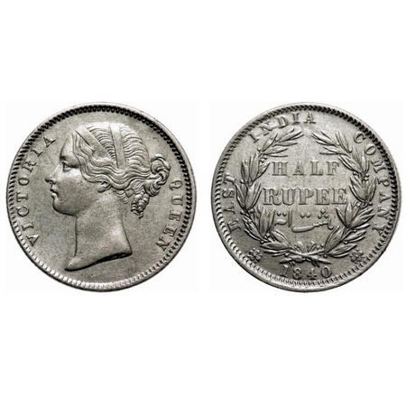 Victoria Queen, Silver, Half Rupee, 1840, DL, Calcutta Mint, .W.W incused, 24 Berries (12L