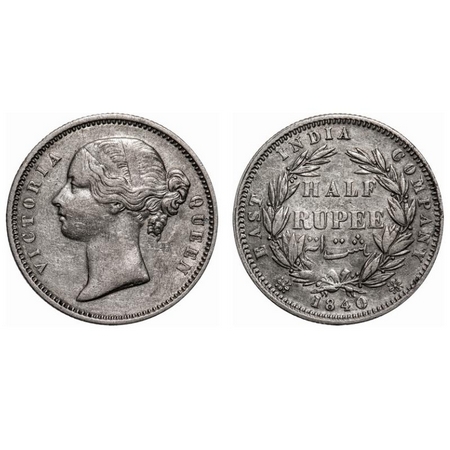 Victoria Queen, Silver, Half Rupee, 1840, DL, Calcutta Mint, .W.W incused, Wreath with 24 