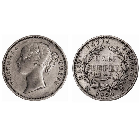 Victoria Queen, Silver, Half Rupee, 1840, DL, Calcutta Mint, .W.W incused, Wreath with 24 