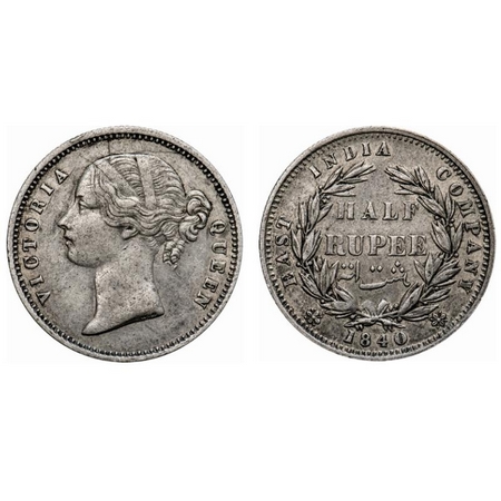 Victoria Queen, Silver, Half Rupee, 1840, DL, Calcutta Mint, .W.W incused, Wreath with 24 