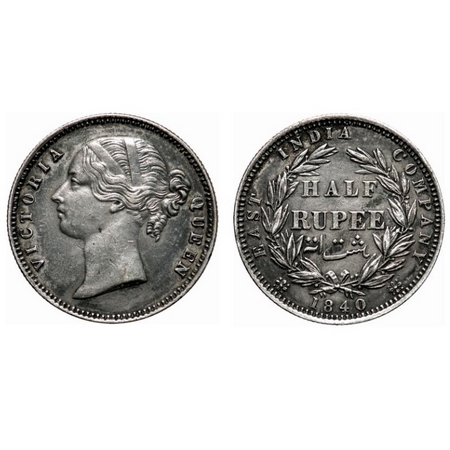 Victoria Queen, Silver, Half Rupee, 1840, DL, Madras Mint, 'B' raised, W.W incused, 24 Ber