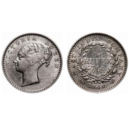Victoria Queen, Silver, 1/4 Rupee, 1840, CL, Calcutta Mint, A/I, English Head, Wreath with