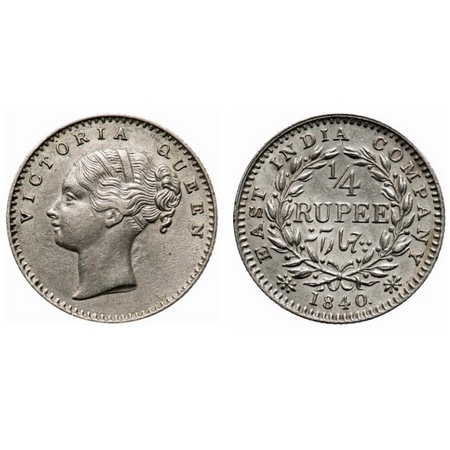 Victoria Queen, Silver, 1/4 Rupee, 1840, CL, Calcutta Mint, A/I, English head, Wreath with
