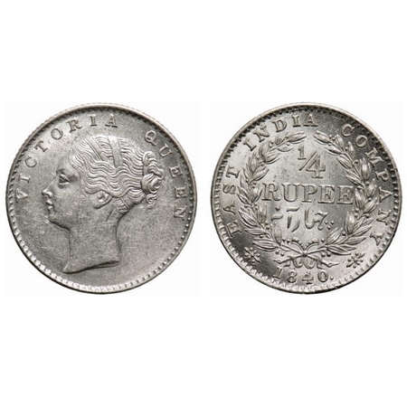 Victoria Queen, Silver, 1/4 Rupee, 1840, CL, Calcutta Mint, C/II, Indian head, A faint cur