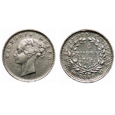 Victoria Queen, Silver, 1/4 Rupee, 1840, CL, Madras Mint, A(a)/I, 'S' incused and 'V' rais