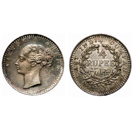 Victoria Queen, Silver, 1/4 Rupee, 1840, CL, Bombay Mint, B/I, English head with modified 