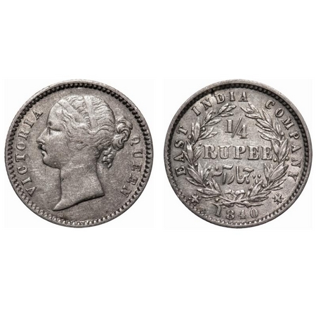 Victoria Queen, Silver, 1/4 Rupee, 1840, DL, Calcutta Mint, W.W. raised, 10 Berries (6L + 