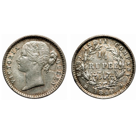 Victoria Queen, Silver, 1/4 Rupee, 1840, DL, Calcutta Mint, W.W. raised, 10 Berries (6L + 