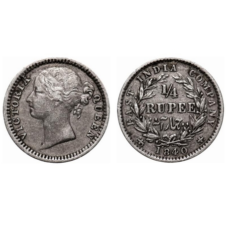 Victoria Queen, Silver, 1/4 Rupee, 1840, DL, Madras Mint, W.W. 'S' raised, 10 Berries (6L 