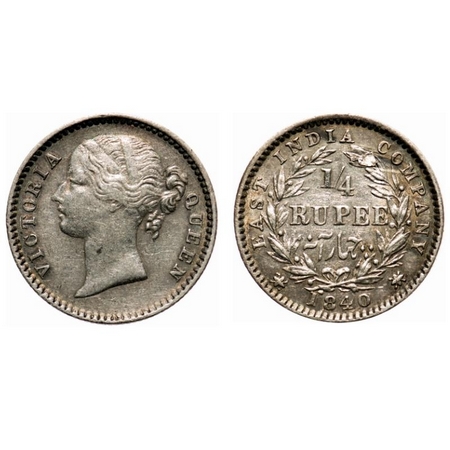 Victoria Queen, Silver, 1/4 Rupee, 1840, DL, Madras Mint, W.W. 'S' raised, 10 Berries (6L 