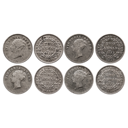 Victoria Queen, Silver, 2 Annas (4 coins), 1841, CL, 1) Calcutta Mint, Plain edge, A/I, Cr