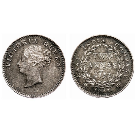 Victoria Queen, Silver, 2 Annas, 1841, CL, Calcutta Mint, A(a)/I, Curl of hairs on first h